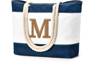 Becokan Initial Beach Bag Waterproof Canvas Beach Tote Bag Zipper Personalized Gifts for Women Her Birthday Travel Essentials