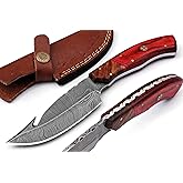 MOHID ENT Damascus Steel Hunting Knife - Fixed Blade Deer Knives - Best Gut Hook Skinning Knife With Leather Sheath Belt Loop