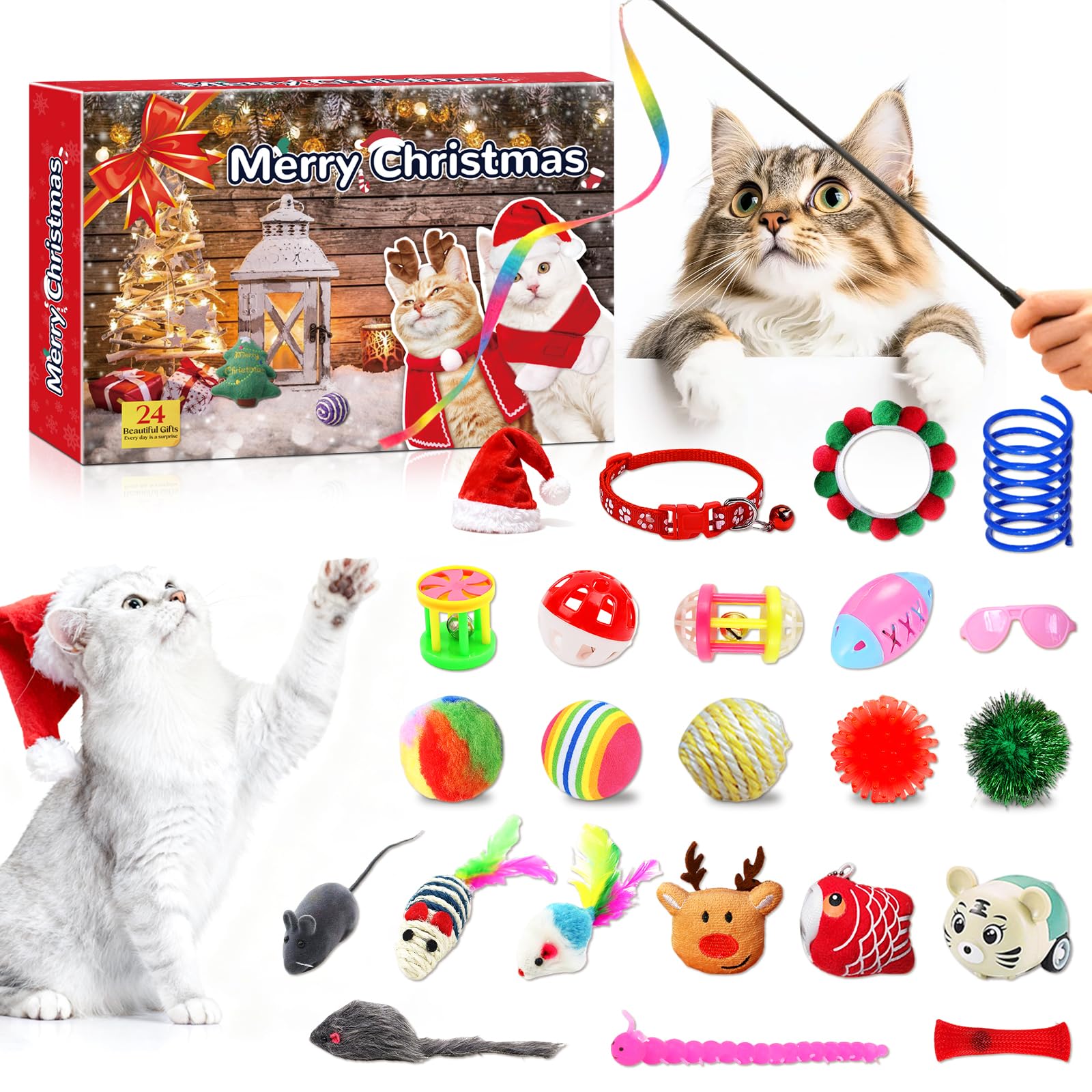 24 Pcs Cat Toys for Indoor CatsοΌfor Cats with Interactive Toys, Feather Wand, Mice and Balls - Gift for Cat Lovers and Kitten Owners