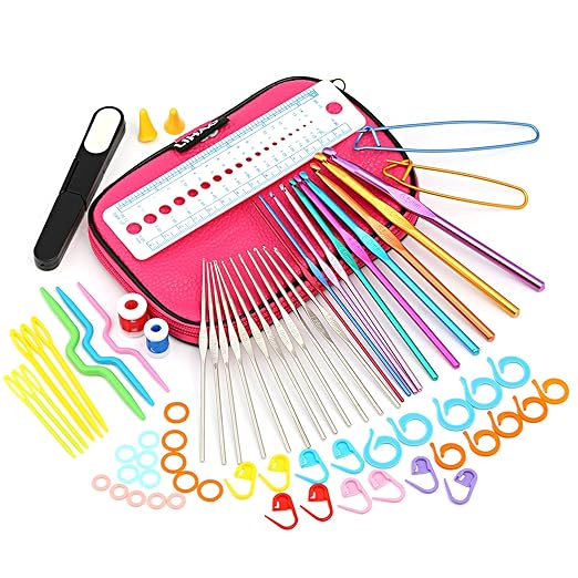LIHAO 22x Häkelnadeln Set Aluminium mit Zubehöre in Tasche Multifarben Häkeln