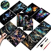 Glow in The Dark Scratch Art for Adults-A4/8 PCS Scratch Painting Art Set | DIY Scratchboard Foil Engraving Art&amp;Craft Kit|Adult Scratch Art Mindful Hobby|Stress Relief Gift Creative Home Decor|Wall Art