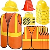 Geyoga 24 Pcs Kids Construction Worker Costumes Set Includes 6 Pcs Construction Vest, Cones, Hat, Dress up Bag for Kids Birthday Party Worker Costume Cosplay Decor