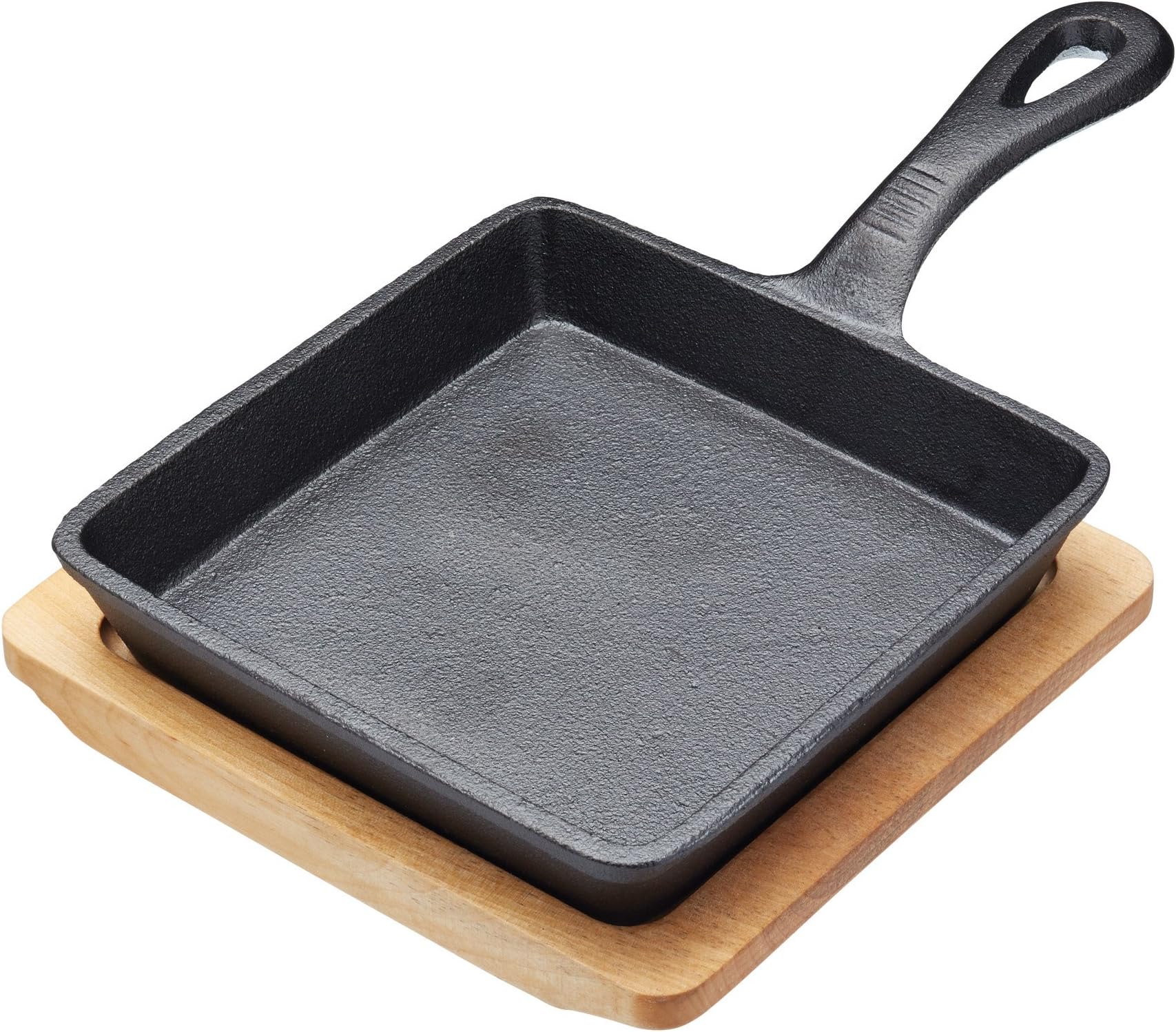 Artesà Mini Frying Pan with Wooden Serving Board in Gift Box, Square, Cast Iron, 16 x 24.5 cm, Black/Beige
