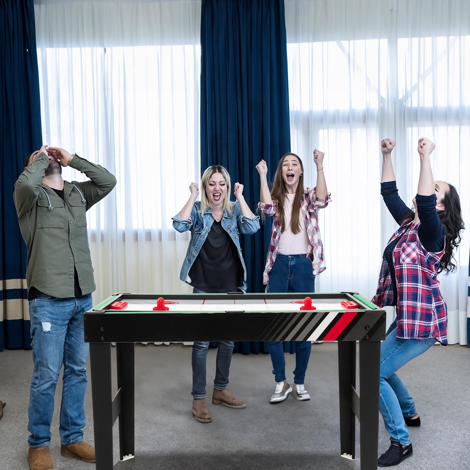 COSTWAY Multi Spieltisch, 4 in 1 Tischkicker mit Billard, Hockey, Tischtennis, Multifunktionstisch Tischfußball mit Zubehör, Kickertisch für Spielzimmer, Party, Bars, 125 x 97 x 83 cm (Schwarz) 9