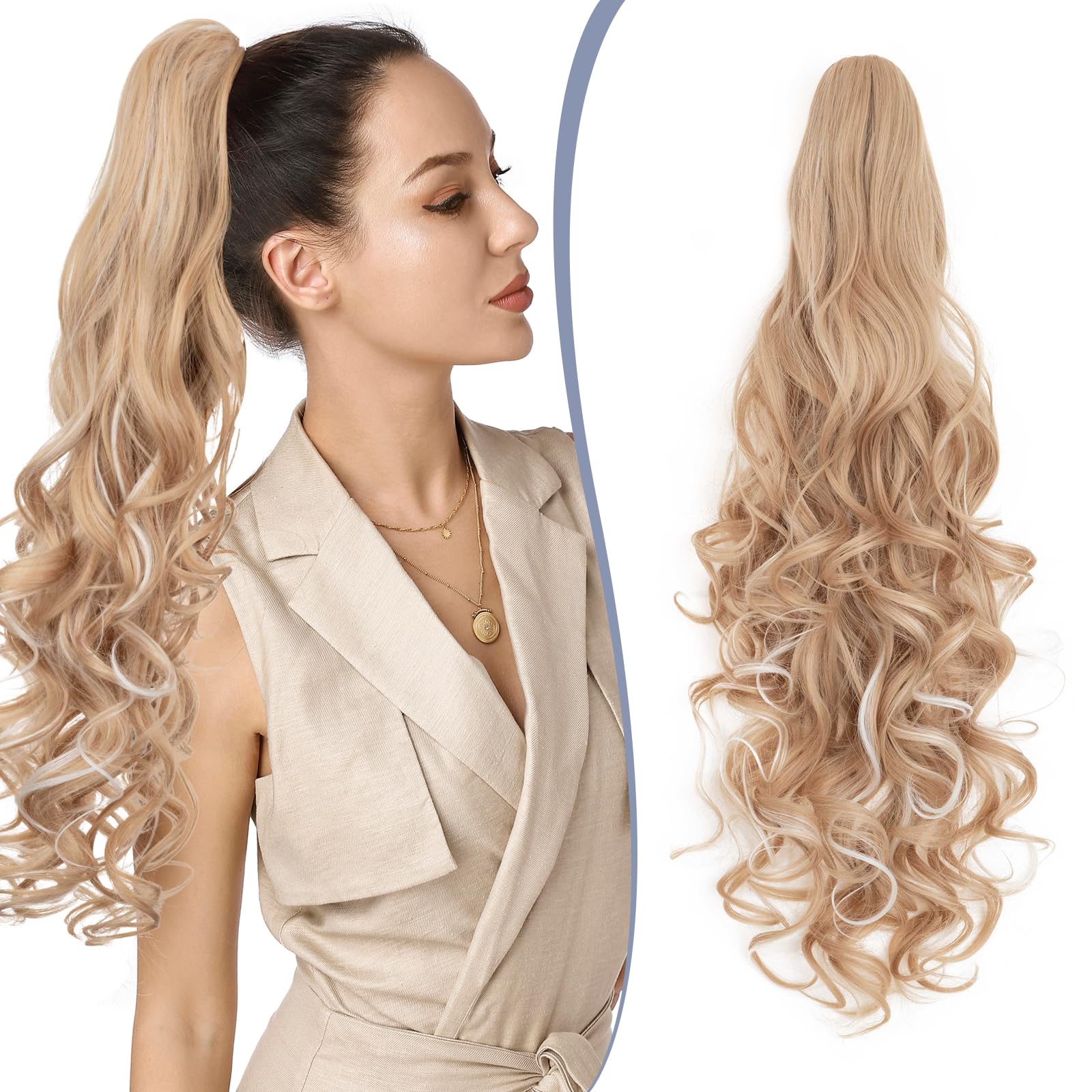 TESS 24'' Curly Ponytail Extensions, 210g Claw in Long Ponytail Extension, Hair Pieces for Women, Dark Blonde With Beige Highlighted — image 1