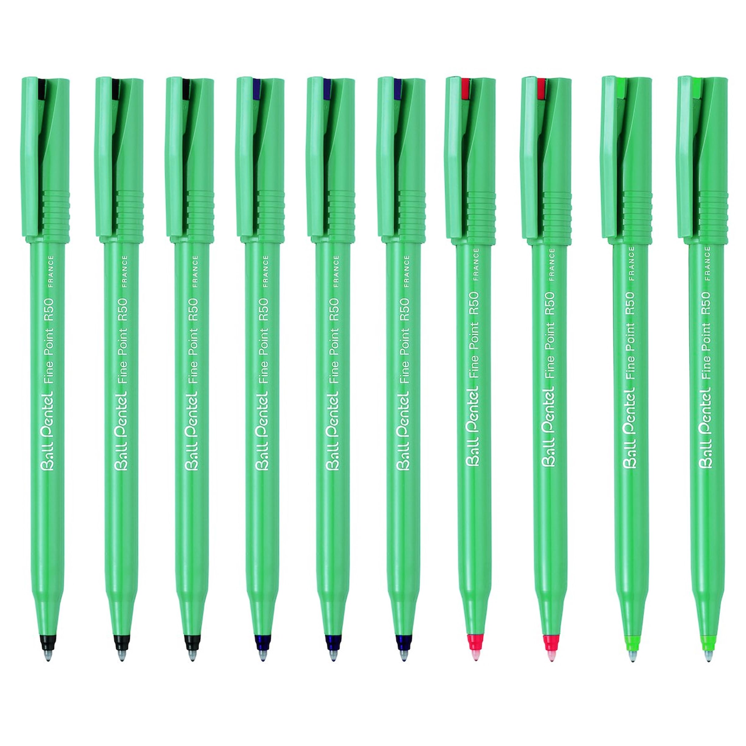 Pentel R50 Fine Point Liquid Ink Rollerball Pens - 0.8mm Tip 0.4mm Line Width - 77% Recycled - Black, Blue, Red & Green (10)