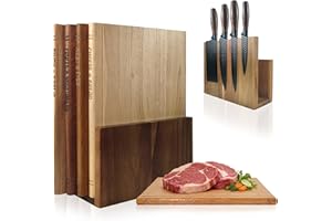 Book Cutting Board Set of 4,Solid Wood Cutting Board Library with Magnetic Knife Stand and Food Labels,Kitchen Countertop Cho