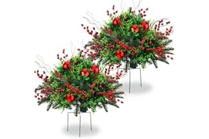 Tigeen 2 Pcs 22 Inch Timer Prelit Christmas Urn Filler, Outdoor Planter Pots Filler Prelit Xmas Pine Trees with Cones and Red Berries 50 Warm White LED with 8 Light Modes for Yard Porch Decor(Berry)