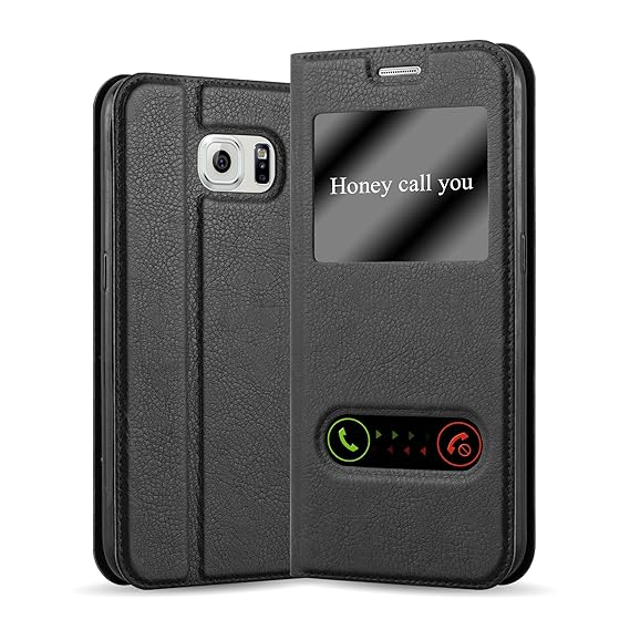 Cadorabo Hülle für Samsung Galaxy S6 - Hülle in KOMETEN SCHWARZ – Handyhülle im Standfunktion und 2 Fenstern (View Design) - 