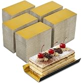 DEAYOU 500 Pcs Mini Cake Boards Rectangular, 5 &times; 2.8 Inch Foldable Paper Cardboard Dessert Plates, Greaseproof Mousse Cupcake Bases for Pastry Display, Baking, Party, Wedding, Gold and Black