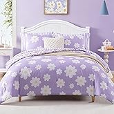 Full Size Comforter Set for Girls Purple Daisy 7 Pieces Bed in a Bag | Reversible Floral All Season Bedding Sets with Sheets, Pillowcase &amp; Sham
