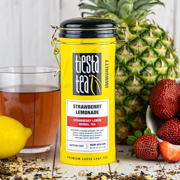 TIESTA TEA – STRAWBERRY LEMONADE, LOOSE LEAF, STRAWBERRY LEMON HERBAL TEA, PREMIUM NON-CAFFEINATED FRUIT BLEND, MAKE HOT OR ICED, BREWS UP TO 50 CUPS, 4 OUNCE REFILLABLE TIN