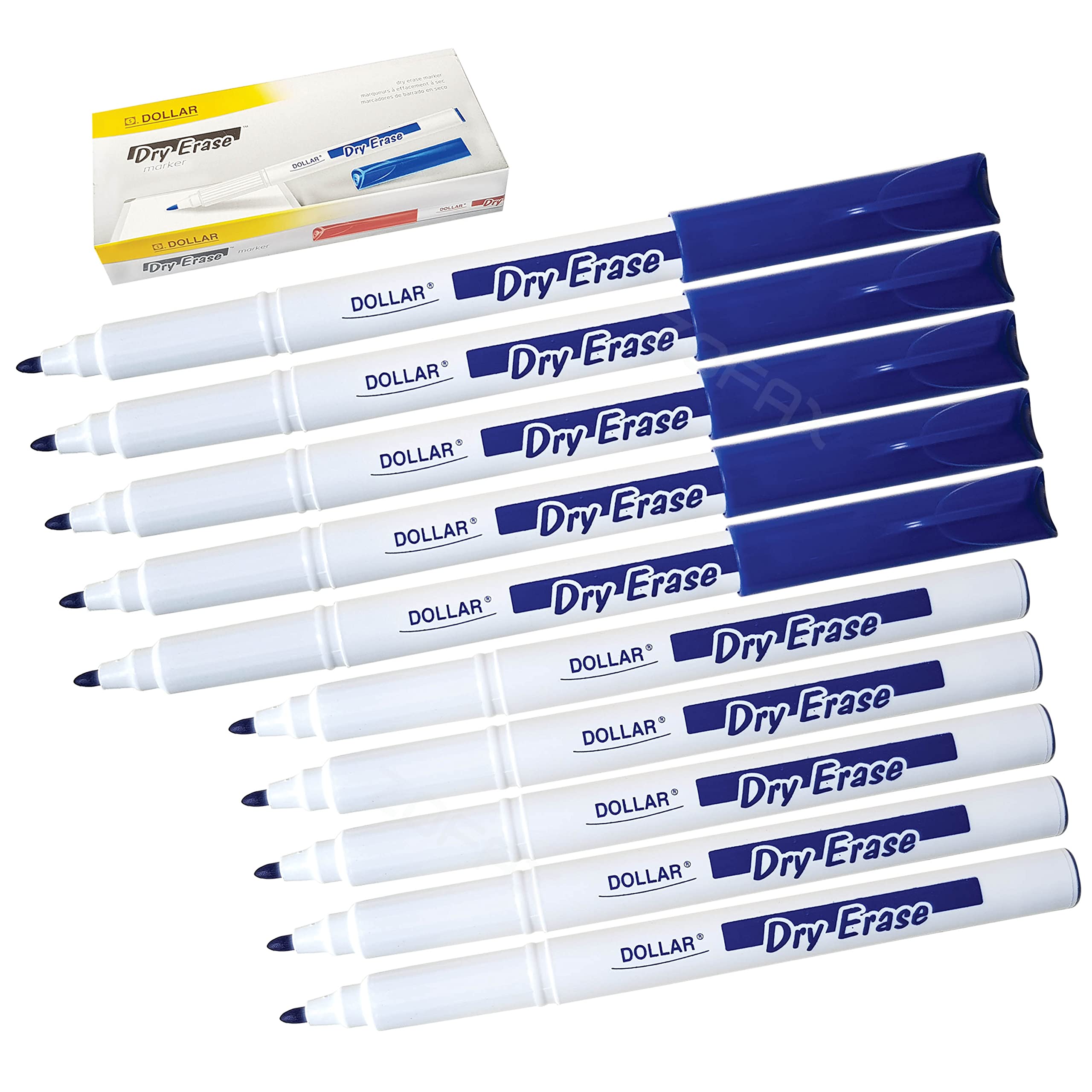 DOLLAR WBS-1.0 Dry Erase Whiteboard Marker Pens, BLUE, Medium Point (1.0 mm), Pack of 10, Bullet Tip, Perfect for Office School Home Everyday Use