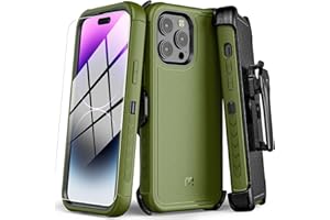 M MYBAT PRO Shockproof Maverick Series Case for iPhone 14 Pro Max Case with Belt Clip Holster and Tempered Glass, 6.7", Heavy Duty Military Grade Drop Protective, with 360° Rotating Kickstand-Green