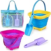 Collapsible Beach Buckets for Kids, 2 Packs Foldable Sand Buckets and Shovels with Mesh Beach Bag, Silicone Sand Pails for Toddlers Beach Toys, Easter Egg Hunt, Camping, Travelling, Fishing Water Pail