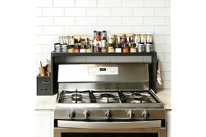 Bamboo Stove Top Spice Rack Organizer, Over The Stove Shelf 31 in Countertop Storage with Utensil Holder, 6 Hooks, Fit Stove,