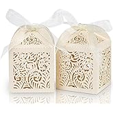 COTOPHER 60Pcs Laser Cut Favor Boxes, 2x2x2.75in Small Gift Box for Presents, Party Wedding Favors With Ribbon, Mini Candy Box for Event Bridal Shower Anniversary Birthday Christmas, Beige