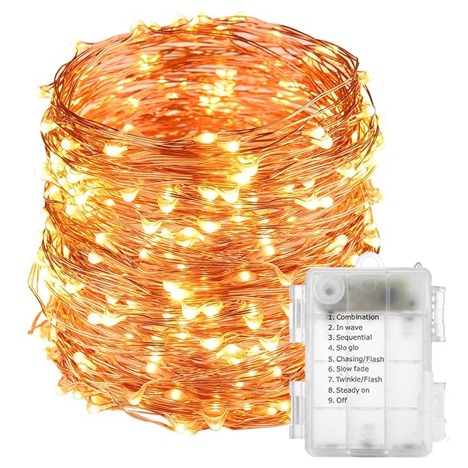 LTETTES 10 Meters 100 LED Warm White Copper Wire LED String Lights Battery Powered with 8 Mode Functions IP44 Waterproof Battery Box Decorative Fairy String Lights