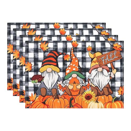 Findosom Thanksgiving Placemats Set of 4, 12x18 Inch Thanksgiving Table Mats, Autumn Pumpkin Elf Placemats for Dining Table, Seasonal Harvest Fall Table Setting