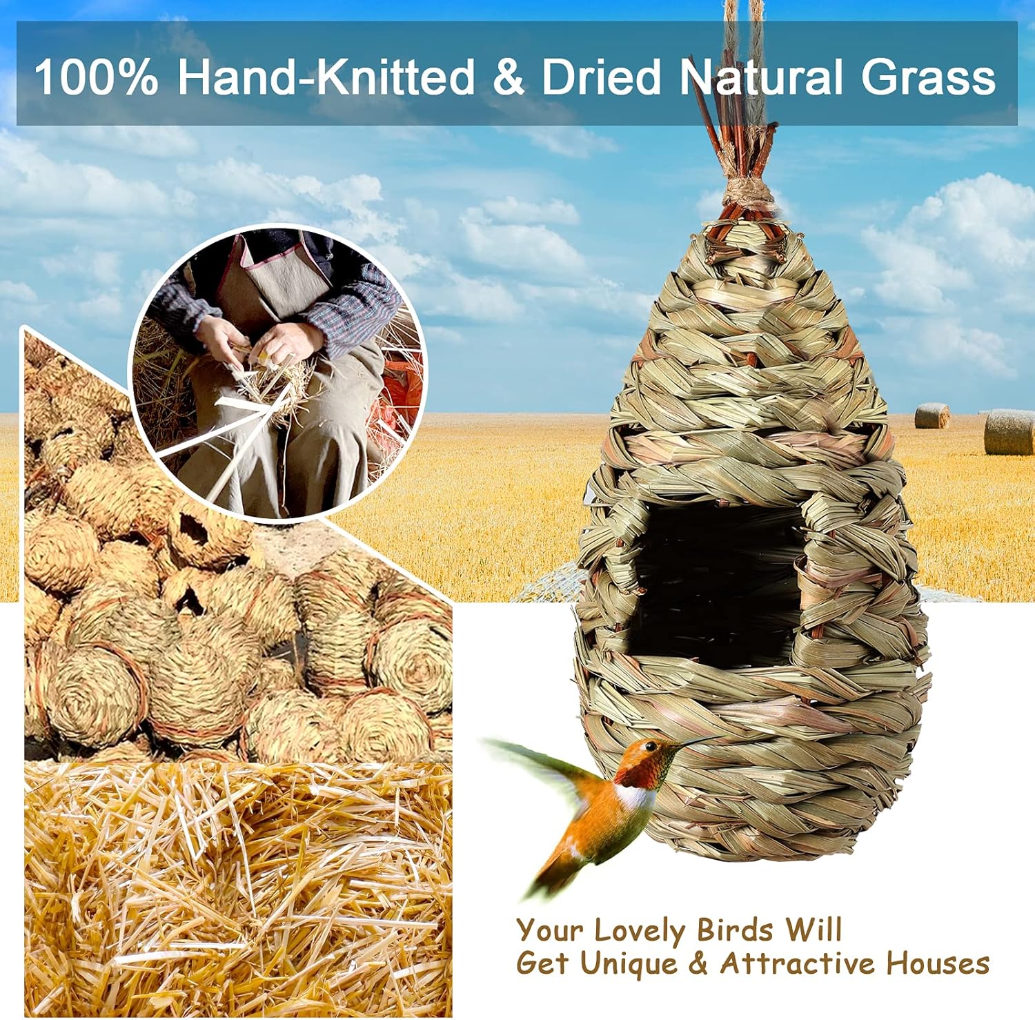PiiSheou 4 Pack Hummingbird Houses for Outside, Hand Woven Natural Grass Hanging Birdhouse with Rope, Water Drop Shape Outdoor Bird House, Bird Lovers Gifts for Audubon Finch Canary Chickadee : Garden & Outdoor