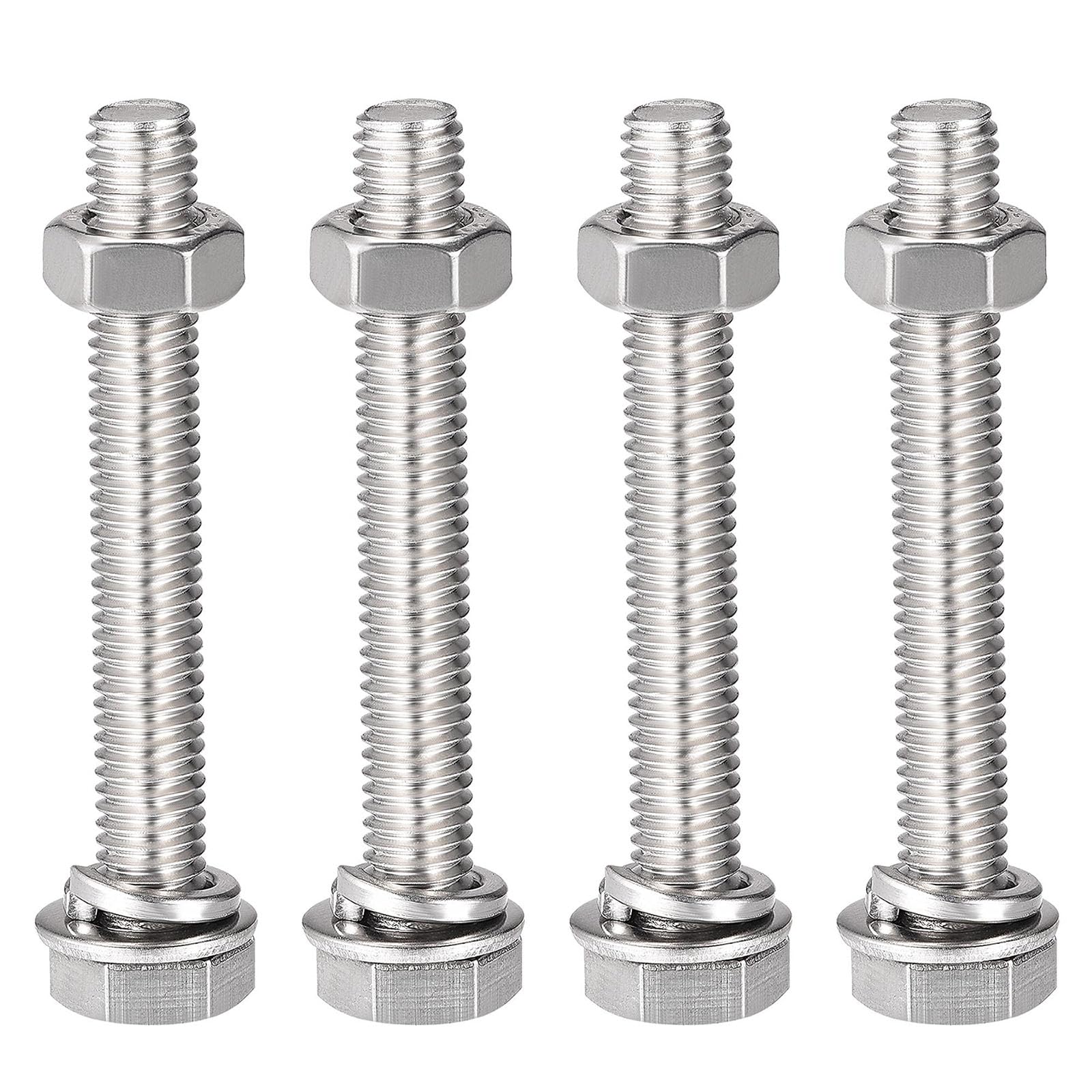 TOP-VIGOR 4Pcs M8 x 55mm Hex Head Screws Bolts, Nuts, Flat & Lock Washers Kits, 304 Stainless Steel Fully Thread Hexagon Bolts for DIY Bike Motorcycles Repair
