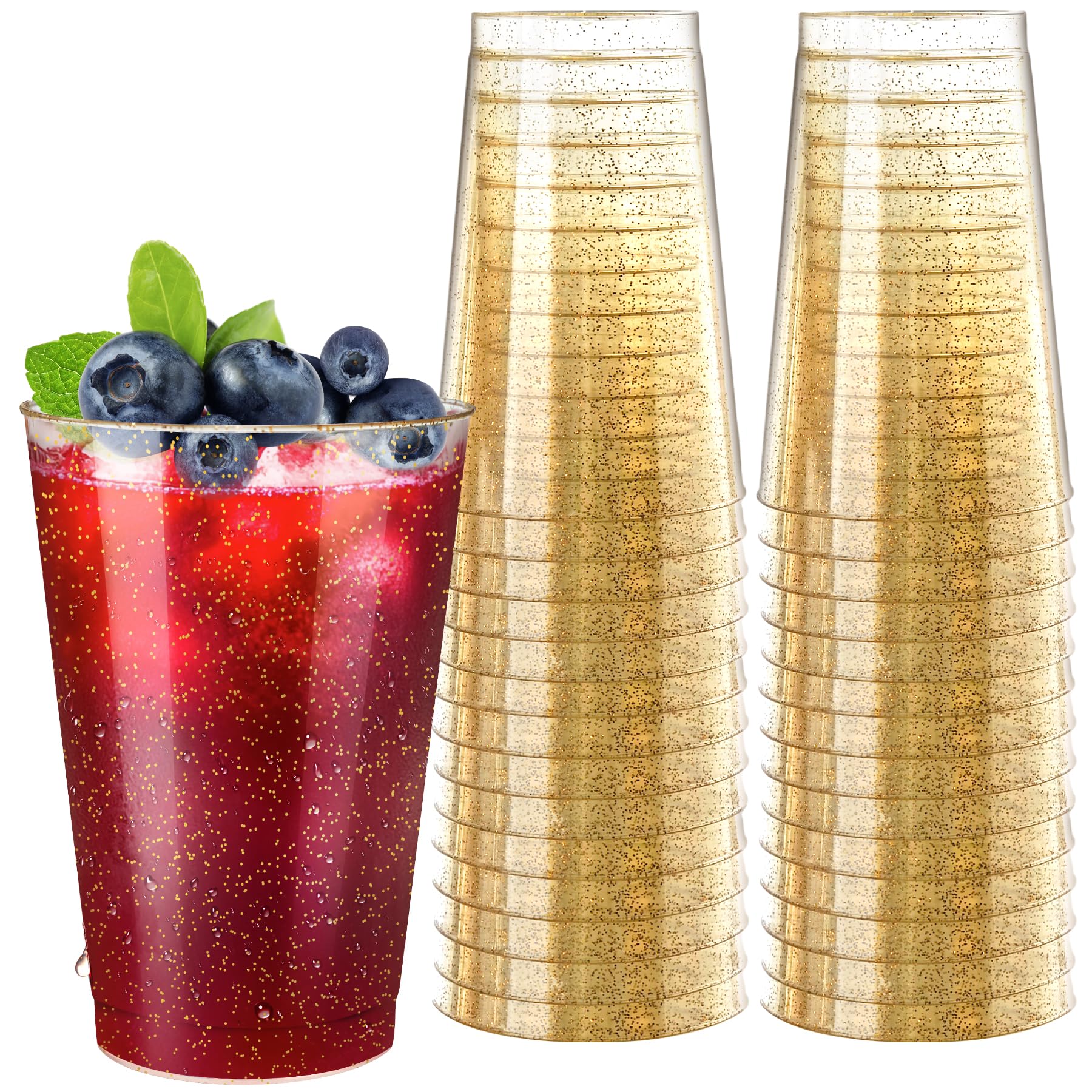 Photo 1 of [100 Pack] 12oz Plastic Cups with Gold Glitter Sturdy & Food Safe Plastic Wine Glasses Disposable Cups Wedding Cups Party Cups Drinking Tumblers for Wine, Cocktails and Cold Beverages