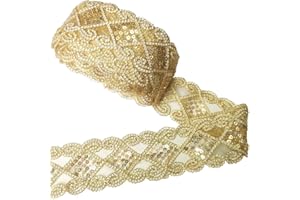 levylisa 10 Yards Beaded Lace Trim Sequins Lace Mesh Trim Lace Ribbon Applique Sewing Craft Supplies (Gold)