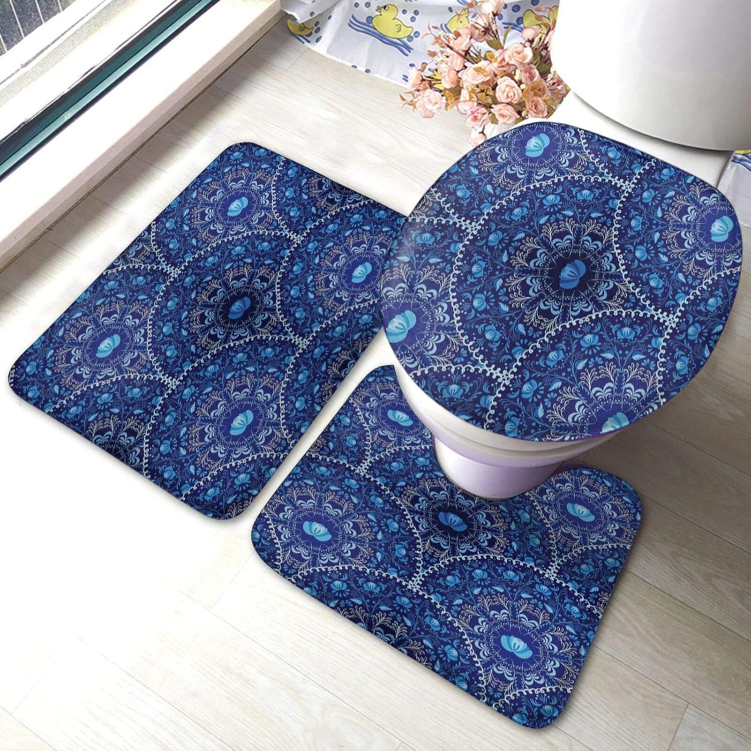 Amazon Com Circular And Floral Alike Oriental Style Bathroom Rug Mat Bath Accessories Set 3 Piece Non Slip Bath Mat Pedestal Rug U Shaped Contour Mat Lid Toilet Cover Pad Home Kitchen