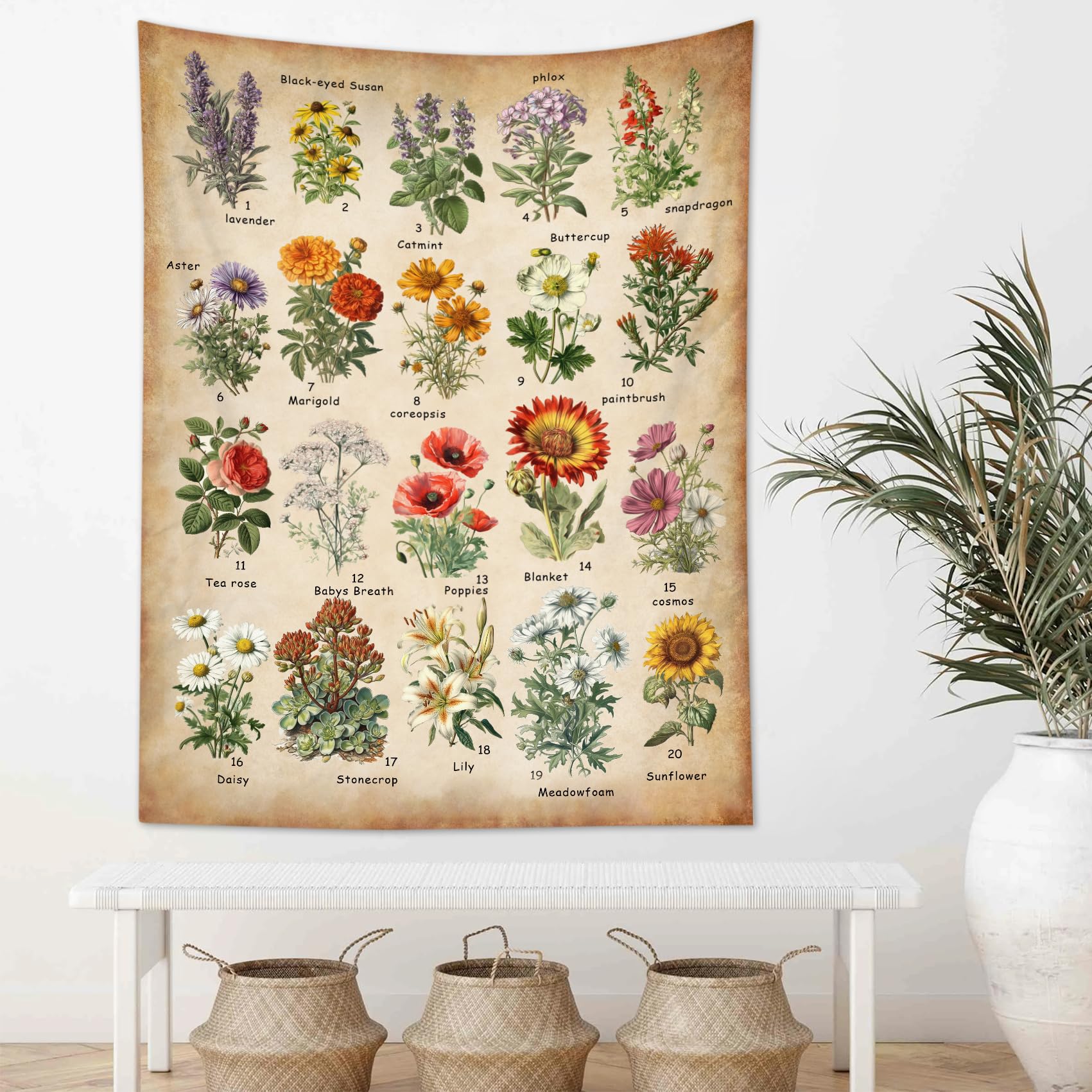 Photo 1 of ECOTOB Vintage Floral Vertical Tapestry Colorful Wildflower Nature Plant Aesthetic Wall Tapestry for Bedroom Reference Illustrative Botanical Tapestry for Living Room Dorm, 40W x 60L Inches