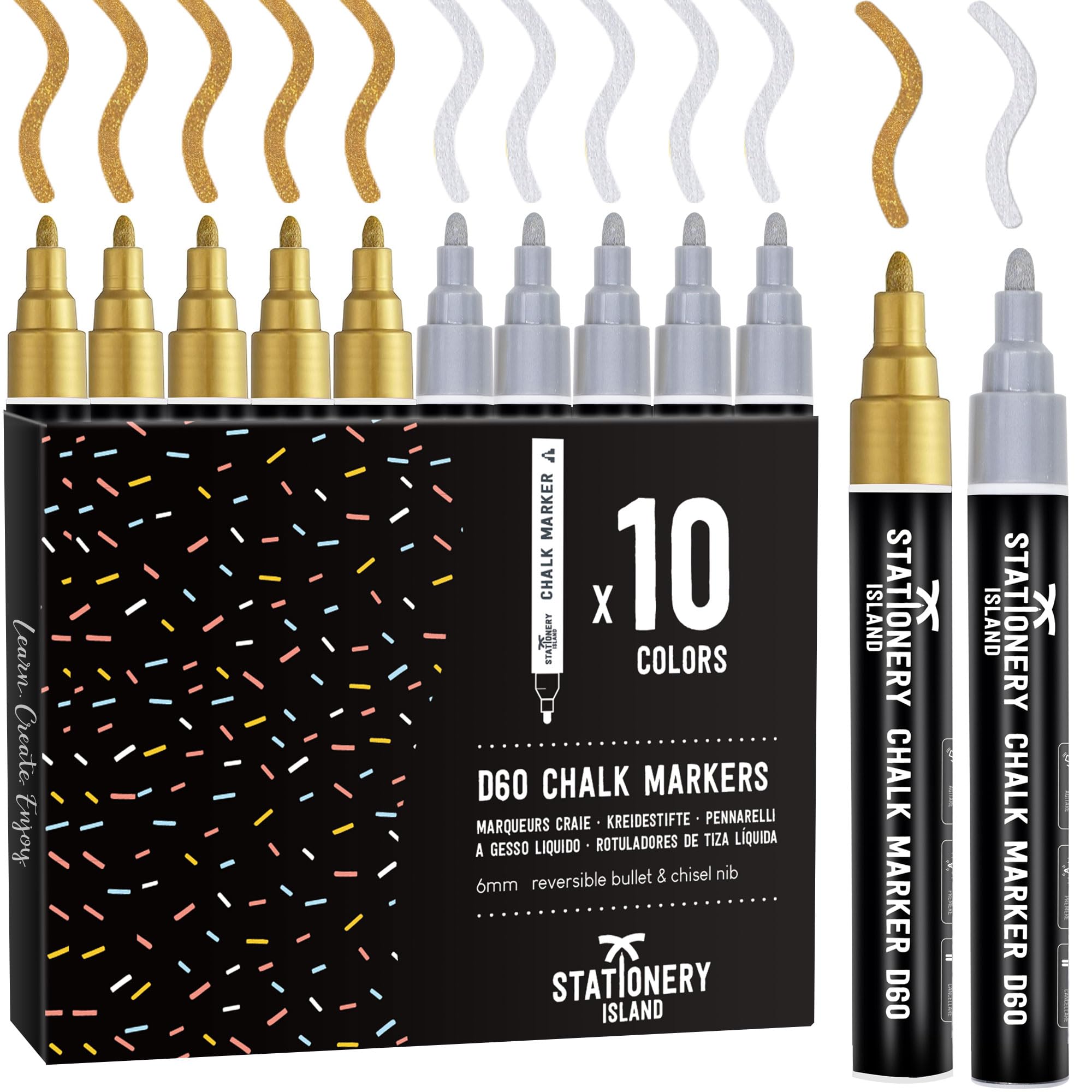 STATIONERY ISLAND Chalk Pens for Blackboards, Pack of 10 Metallic Colours Chalk Markers, Chalkboard Pens for Window and Glass, Wipeable Liquid Chalk Pens Washable, 5 Golden & 5 Silver