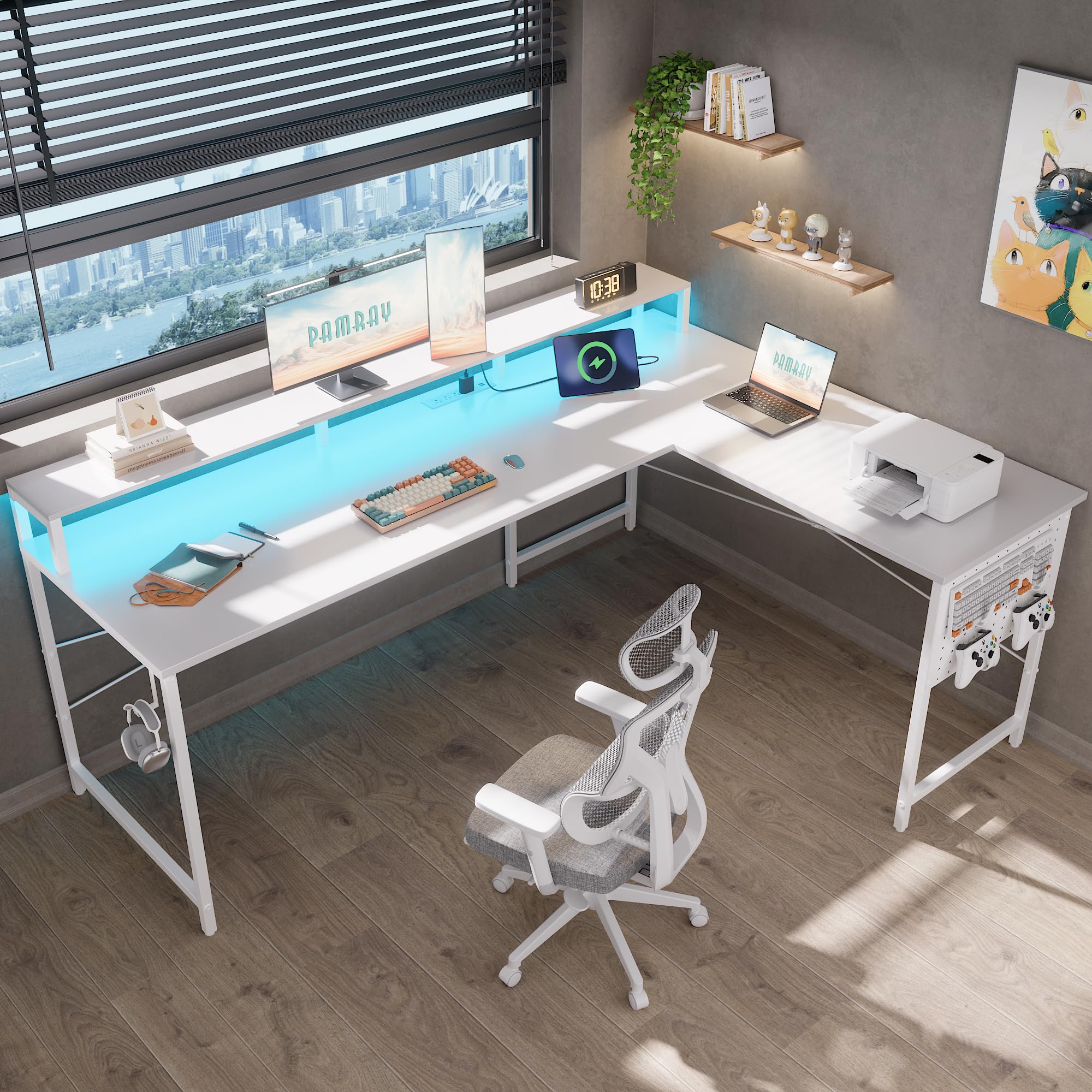 Photo 1 of **PARTS ONLY** MISSING PIECES** Pamray 64 Inch L Shaped Gaming Desk with Power Outlets and Led Lights, Large Corner Computer Desk with Monitor Stand and Pegboard, PC Table for Home Office and Bedroom White