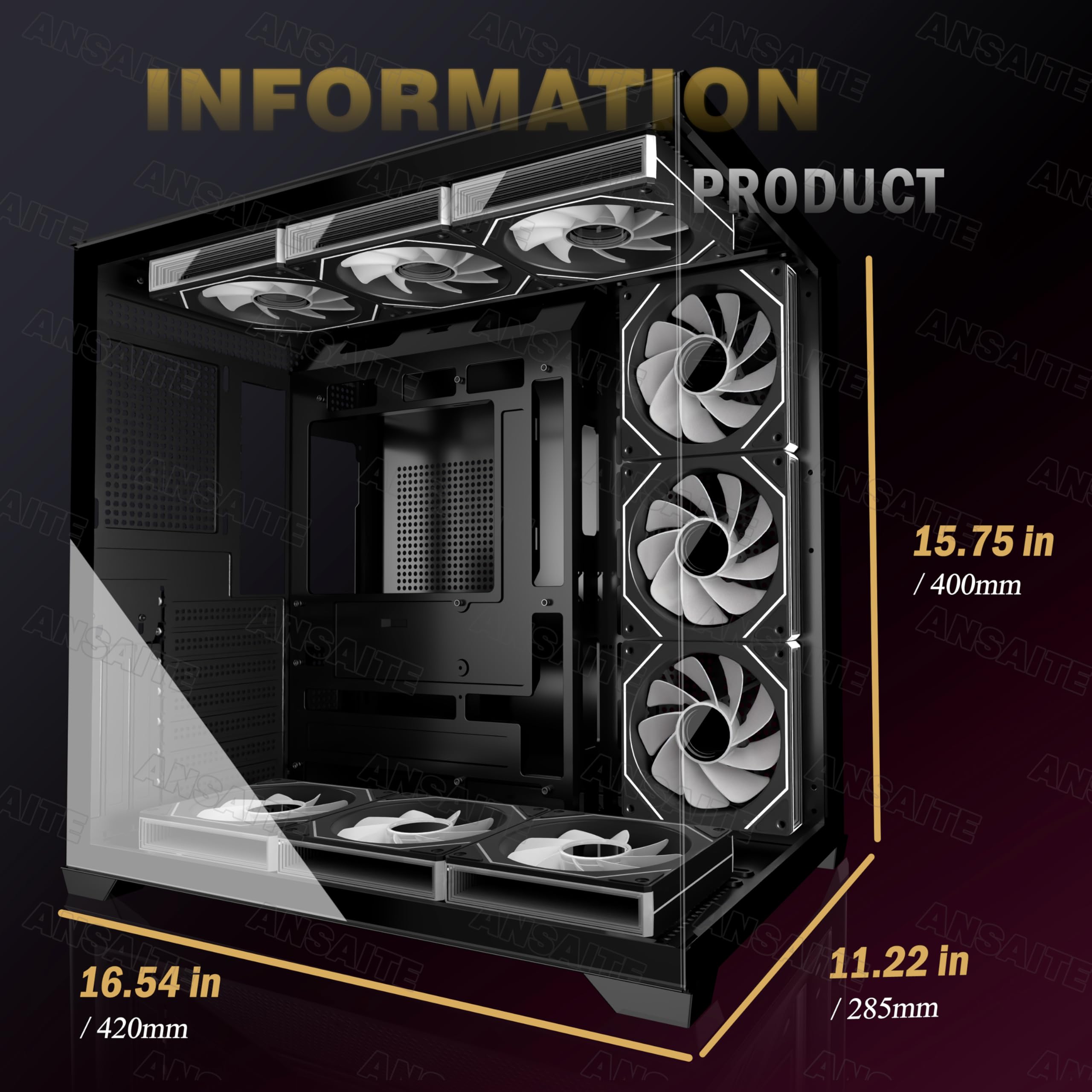 ANSAITE ATX PC-Gehäuse 9×120 mm ARGB PWM-Lüfter vorinstalliert ，Mid-Tower Gaming PC-Gehäuse, Panorama-Gehärtetes Glas Schwarz Computer-Gehäuse mit Typ-C, 360mm Radiator Unterstützung，H-D9 (Schwarz) 10