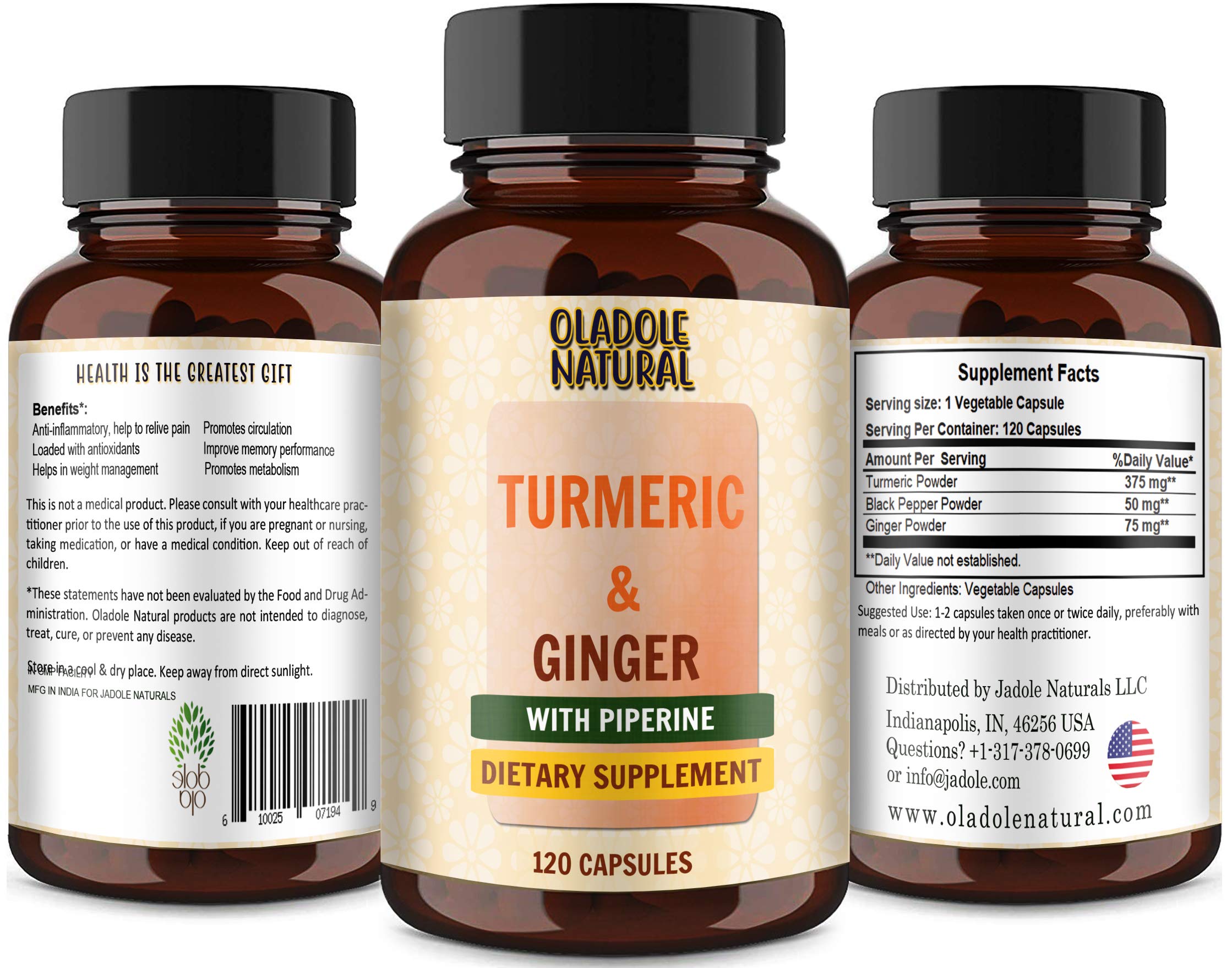 Oladole Natural Turmeric Curcumin with Ginger and Bioperine Vegan Join Pain Relief, Anti-Inflammatory, Antioxidant and Anti-Aging Supplement