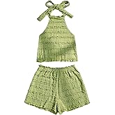GORGLITTER 2 Piece Sets for Women Summer Crochet Textured Tie Back Crop Halter Tops and Shorts Set