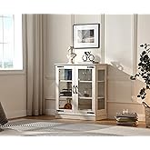 FOREST GRAVITY 31.5'' Small Accent Display Buffet Cabinet with Glass Doors for Great Showcase,Small Coffee bar Cabinet with Storage and 2 Shelves,Modern Sideboard Buffet for Kitchen,Washed White