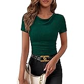 PRETTYGARDEN Womens Summer Tops 2026 Cute Cowl Neck Short Sleeve T-Shirts Ribbed Knit Fitted Spring Ruched Crop Top