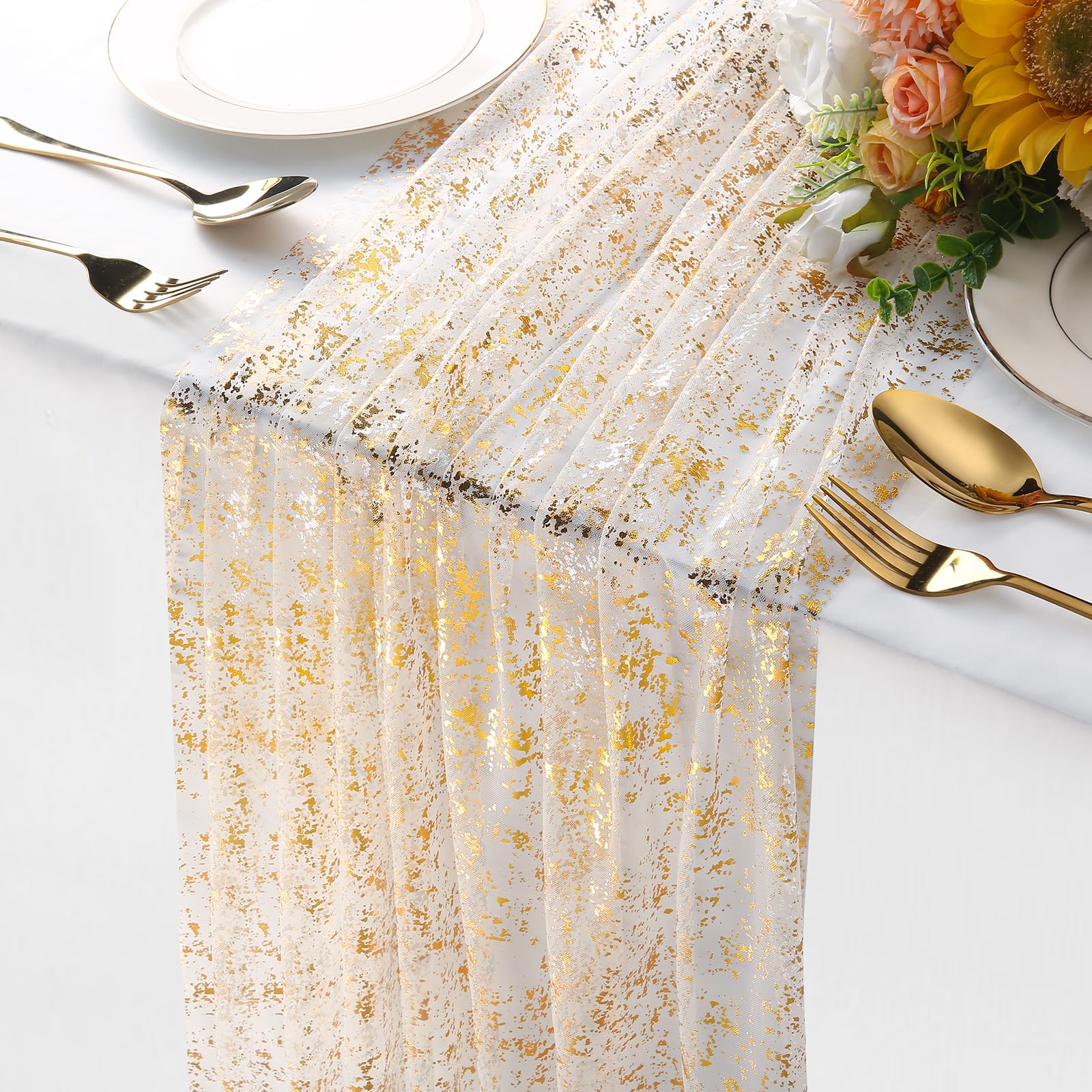 View 1 of 10 Packs Gold Table Runner - Glitter Metallic Foil Sheer Gauze 120 Inch 10FT, Wedding Party Home Decor for Dining Table, Anniversary, Birthday, Holiday Decorations