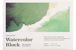 tumuarta Watercolor Block 300 LB, 640 GSM, 100% Cotton, 5X7”, 10 Sheets, Acid Free, Cold Press, Watercolor Paper Board Sketch Books for Watercolors, Acrylic and More Dry & Wet Media
