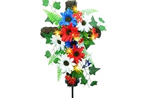 YULETIME Red White & Blue Garden Cross Stake, Solar Powered with Fairy Lights, Metal Cross, Natural Rattan, Red White & Blue Daisies Patriotic Theme Decoration