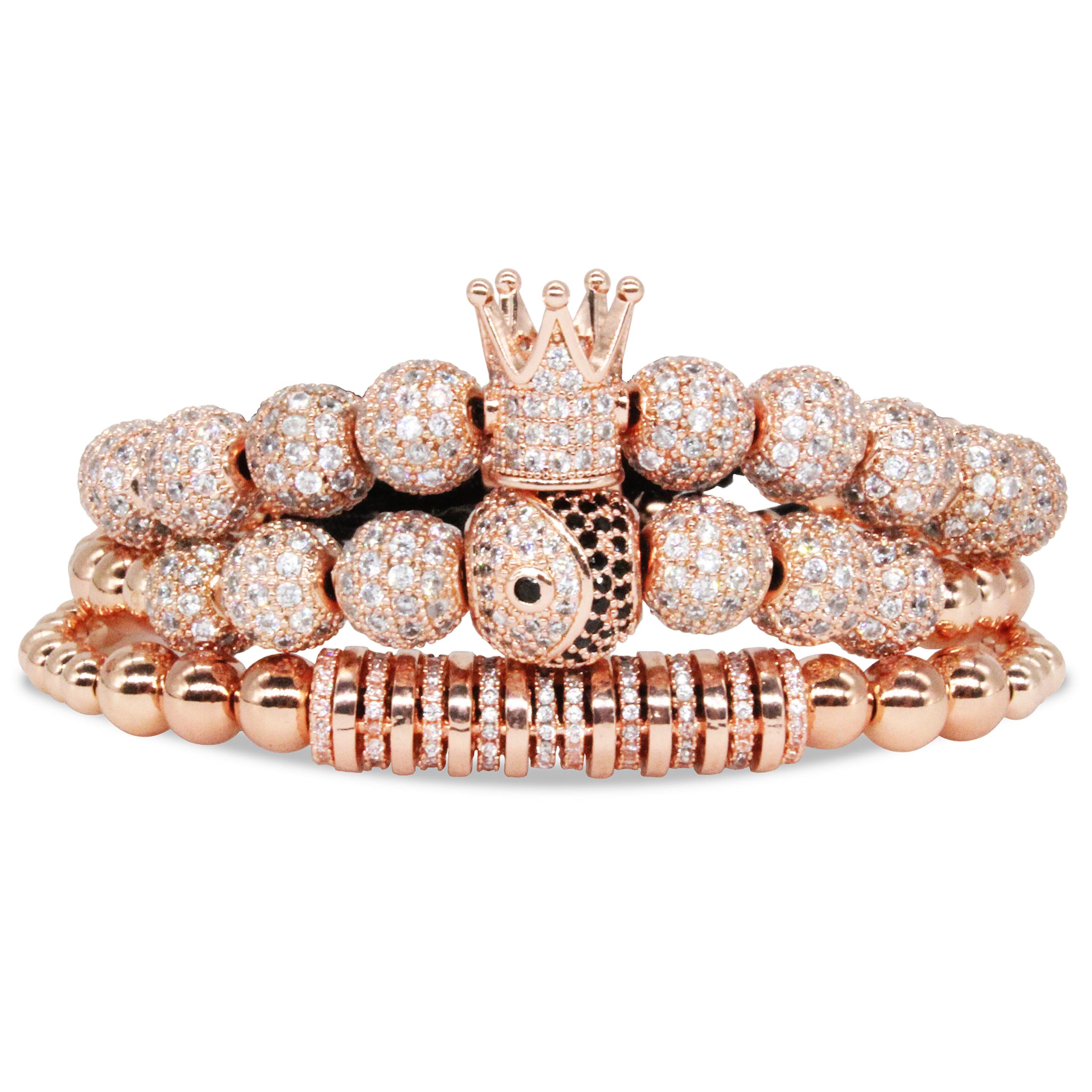 Cutenation Imperial Crown King 18K Gold CZ Beads Bracelet Luxury Charm Fashion Bangle for Men Women (D Rose Gold)