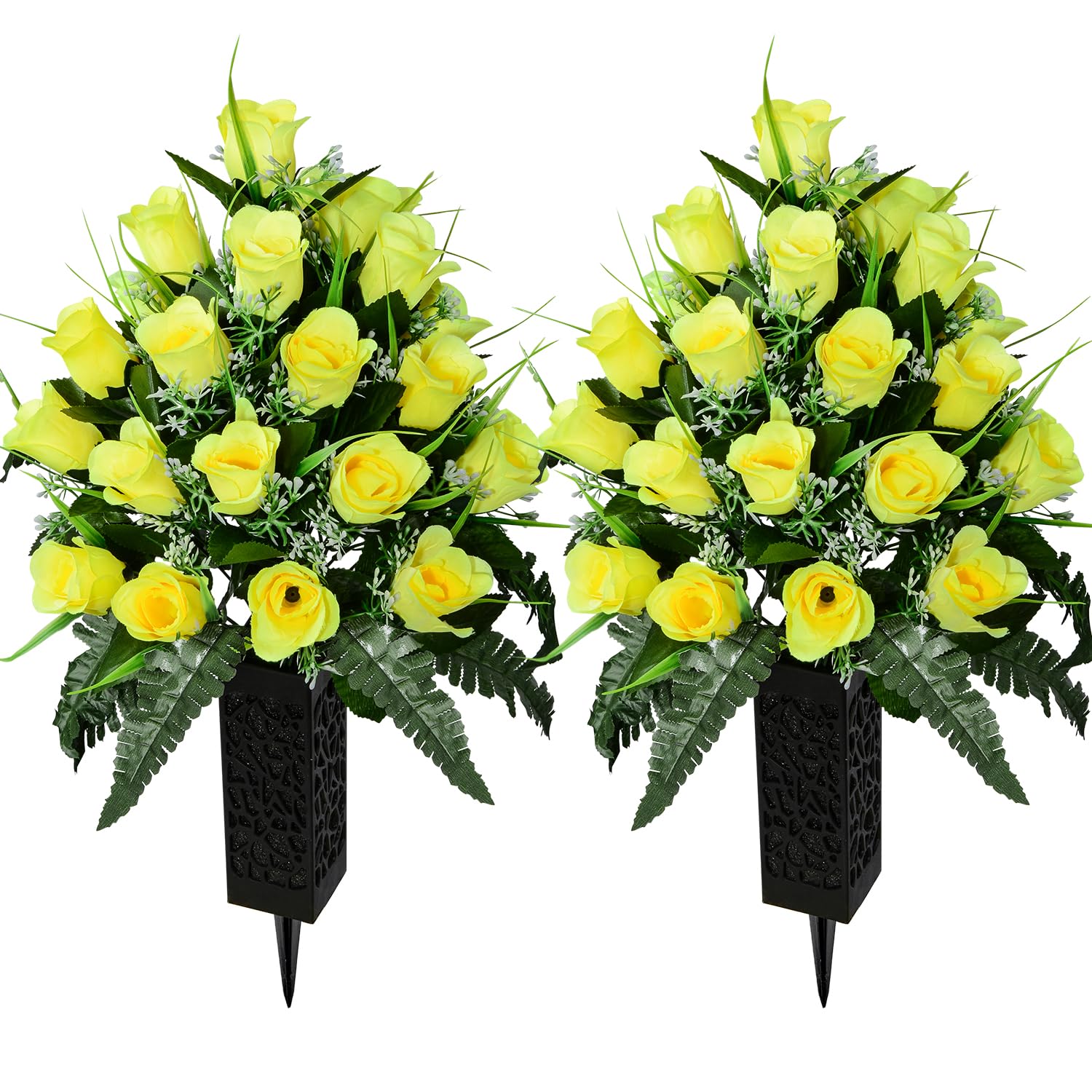 SIFOEL Set of 2 Artificial Grave Memorial Flowers Cemetery Flowers Rose Bouquet with Vase for Cemetery Graveyard Headstones Decoration (Yellow)