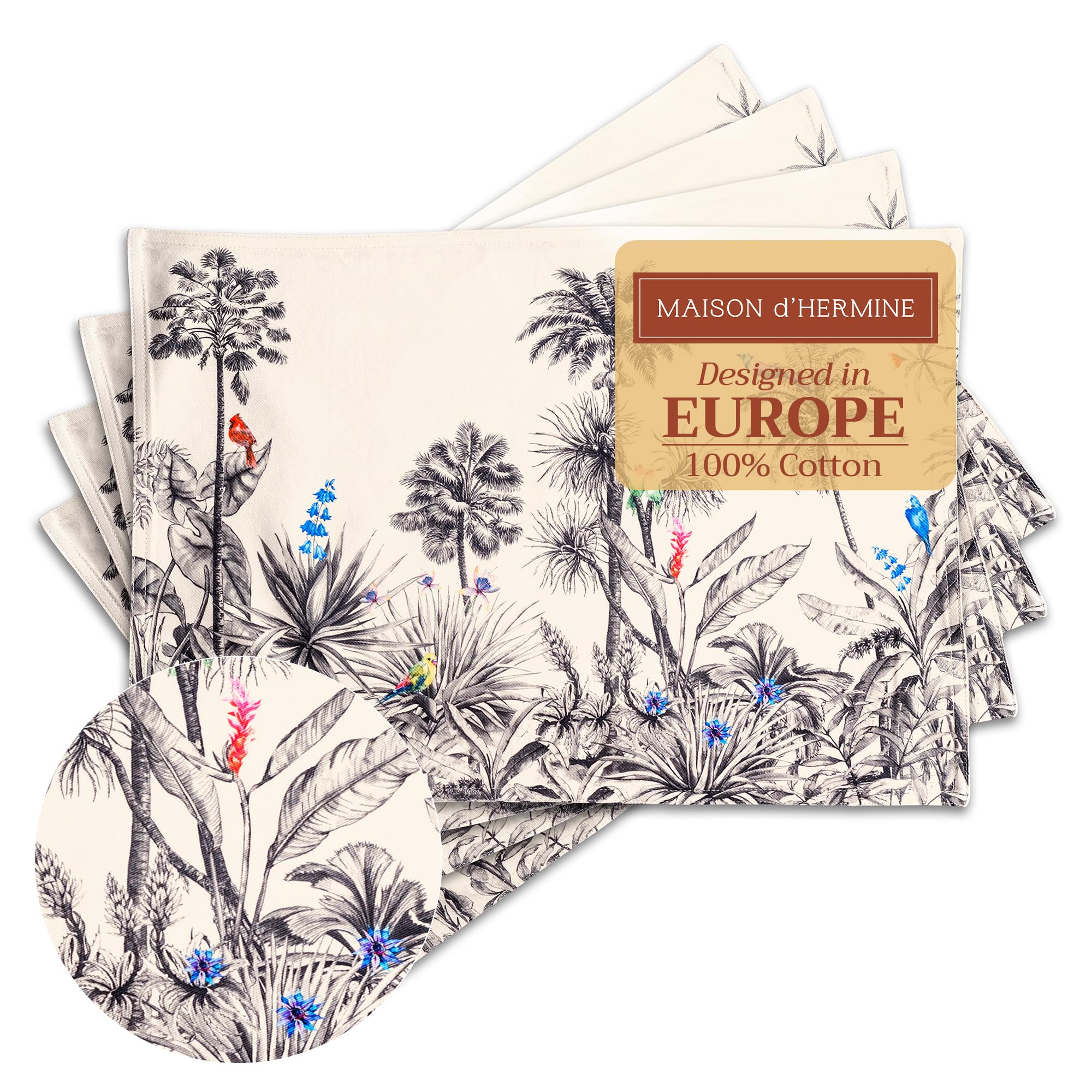 Maison d' Hermine Placemats Set of 4 100% Cotton Washable Cloth Place Mats, Reusable Table Mats for Kitchen Dining Decoration, Party, Wedding, Restaurant, Hotel (Amazonia, 33 CM x 48 CM)