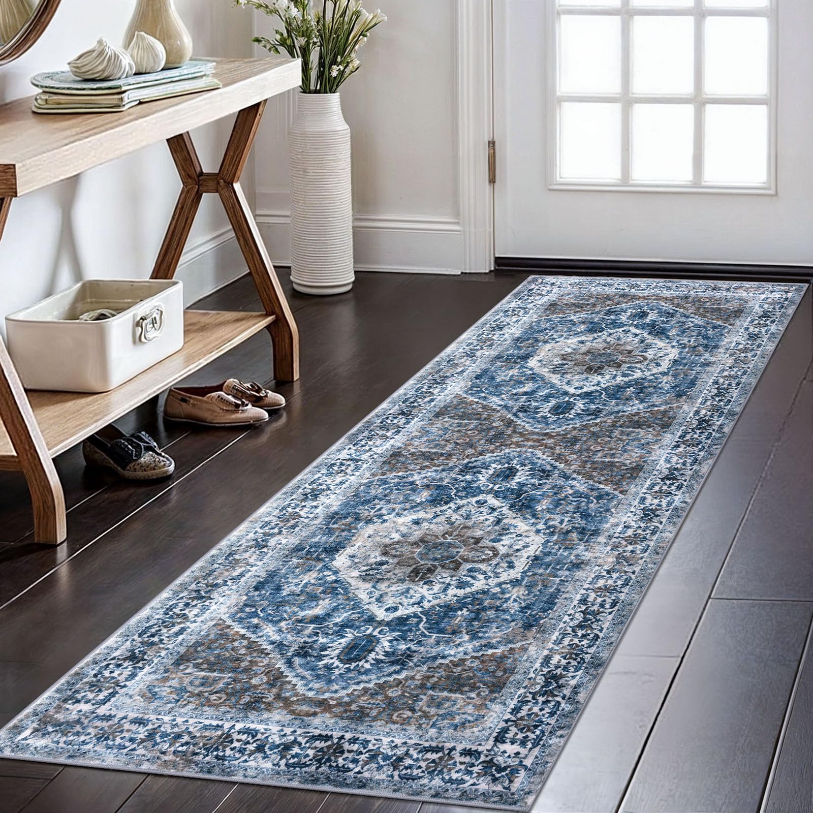 Photo 1 of KOZYFLY Runners for Hallways 2x6 Ft Washable Kitchen Runner Rug Boho Runner Rug for Entryway Indoor Blue Printed Oriental Faux Wool Floor Carpet Runner for Bedroom Kitchen Hall