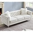 mikibama Velvet Sofa Couch 83 Inch Long Modern Sofa with Acrylic Legs and 2 Pillows, Jeweled Buttons Tufted Couch Modern Decor Furniture for Living Room, Bedroom (Beige)