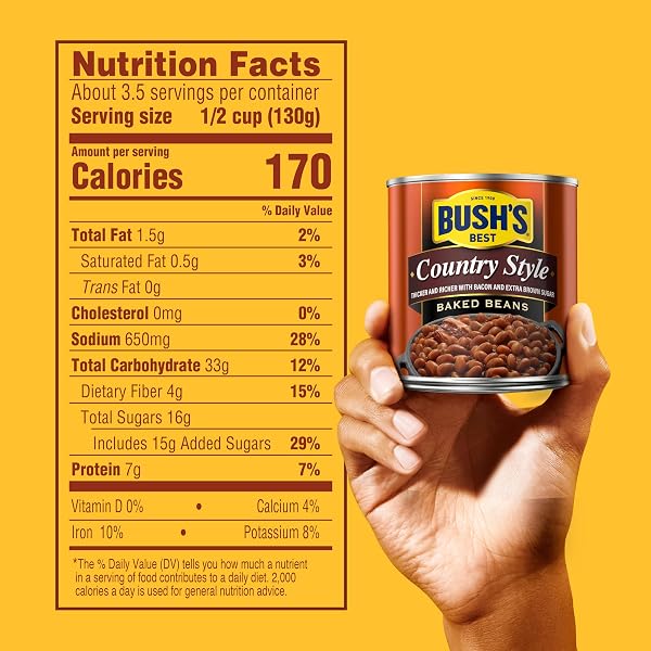 BUSH’S BEST 16 OZ CANNED COUNTRY STYLE BAKED BEANS, SOURCE OF PLANT BASED PROTEIN AND FIBER, GLUTEN FREE, (PACK OF 12)