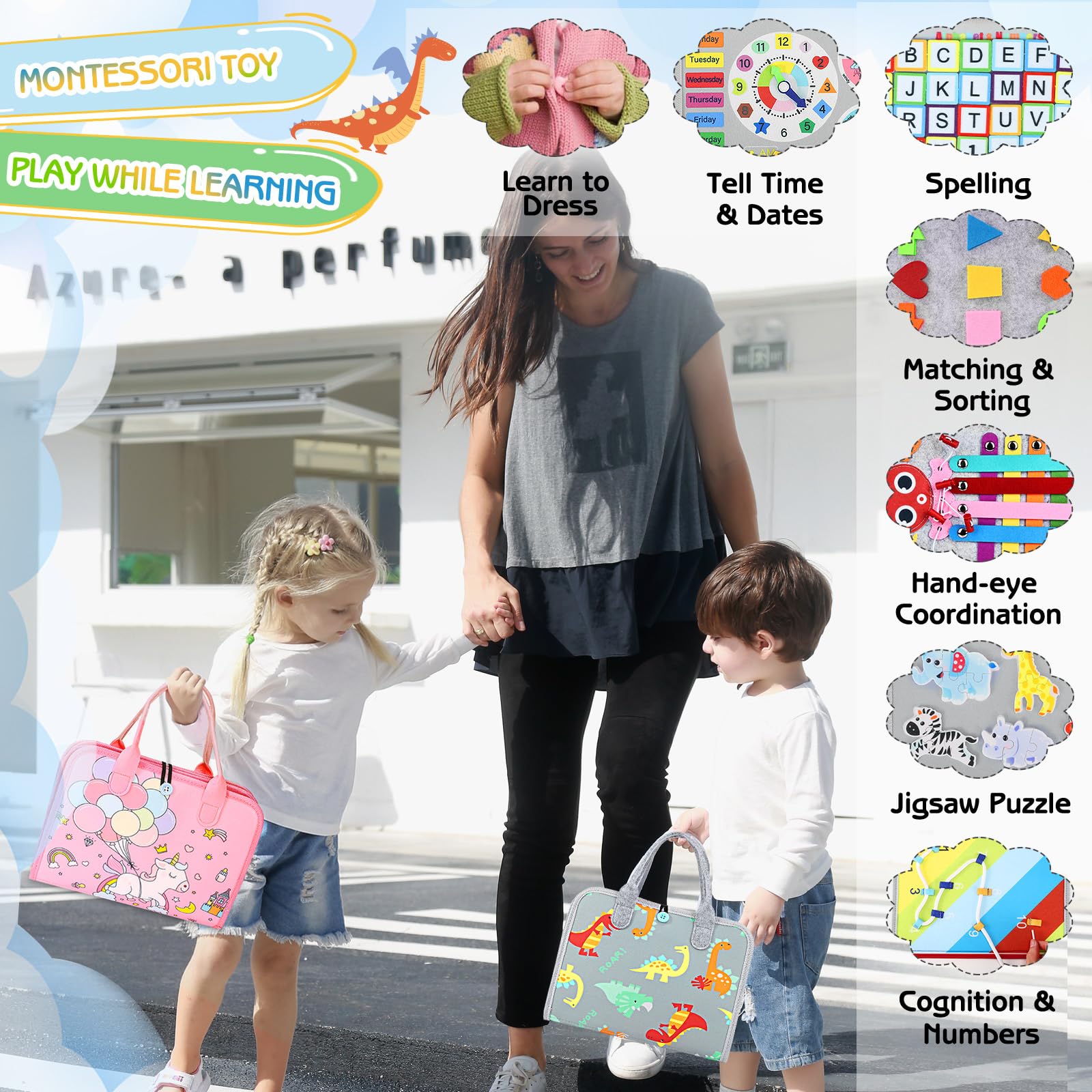 Esjay Toddler Busy Board Montessori Toys for Boys Girls, Sensory Board Educational Activities for Learning Fine Motor Skills, Birthday Gifts for Toddlers, Travel Toys for Airplane Car,Grey Dinosaur