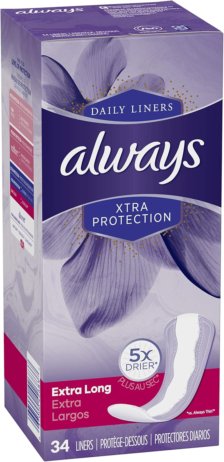Always Xtra Protection Daily Feminine Panty Liners for Women, Extra Long, Unscented, 34 Count - Pack of 6 (204 Total Count): Health & Personal Care
