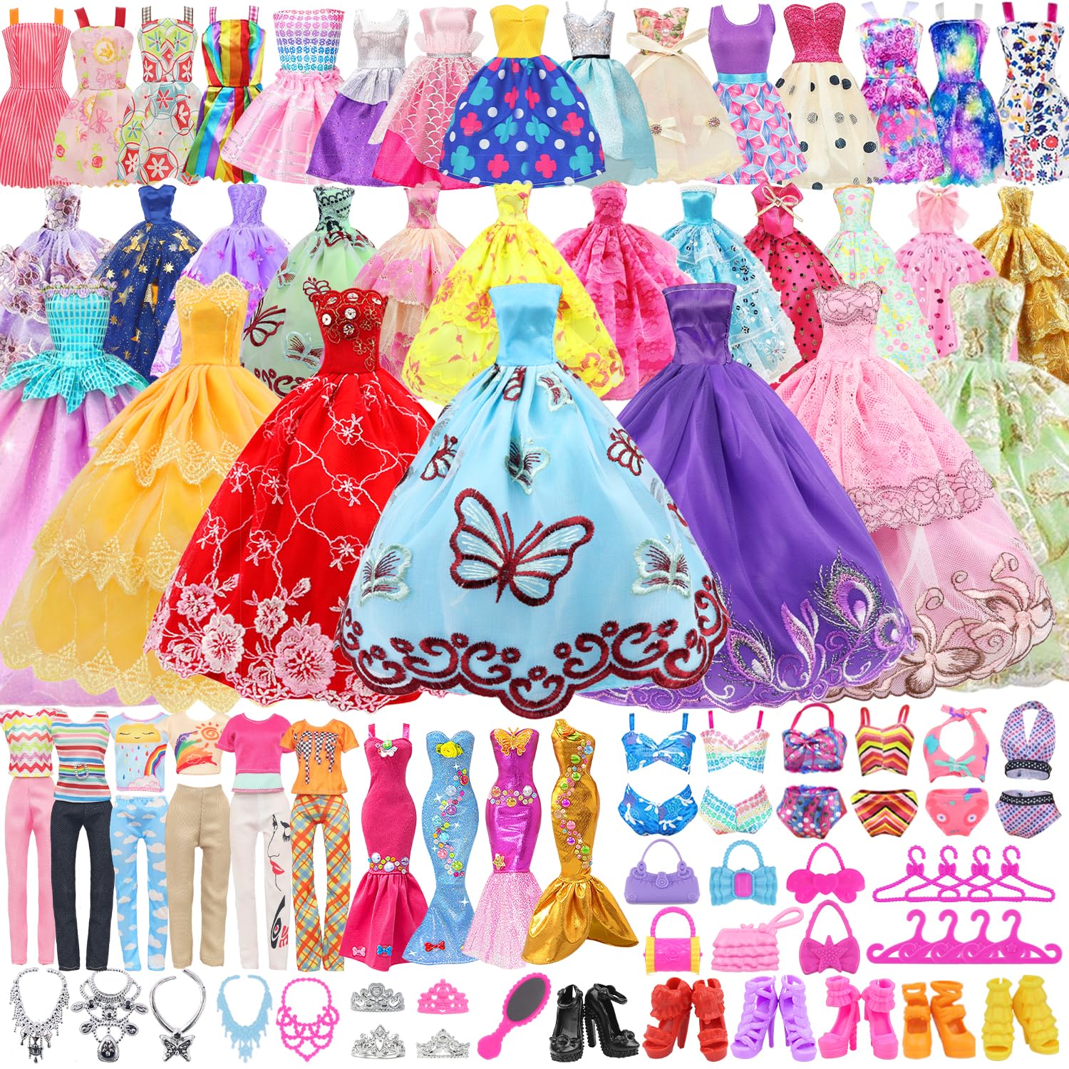 87 Pcs Doll Clothes and Accessories Gift Box Package,5 Wedding Gowns 4 Evening Dresses 8 Fashion Dresses 3 Set Casual Outfit, 2 Swimsuit,30 Hanger 20 Shoes 10 Accessories for Girls 3-10 years old Gift