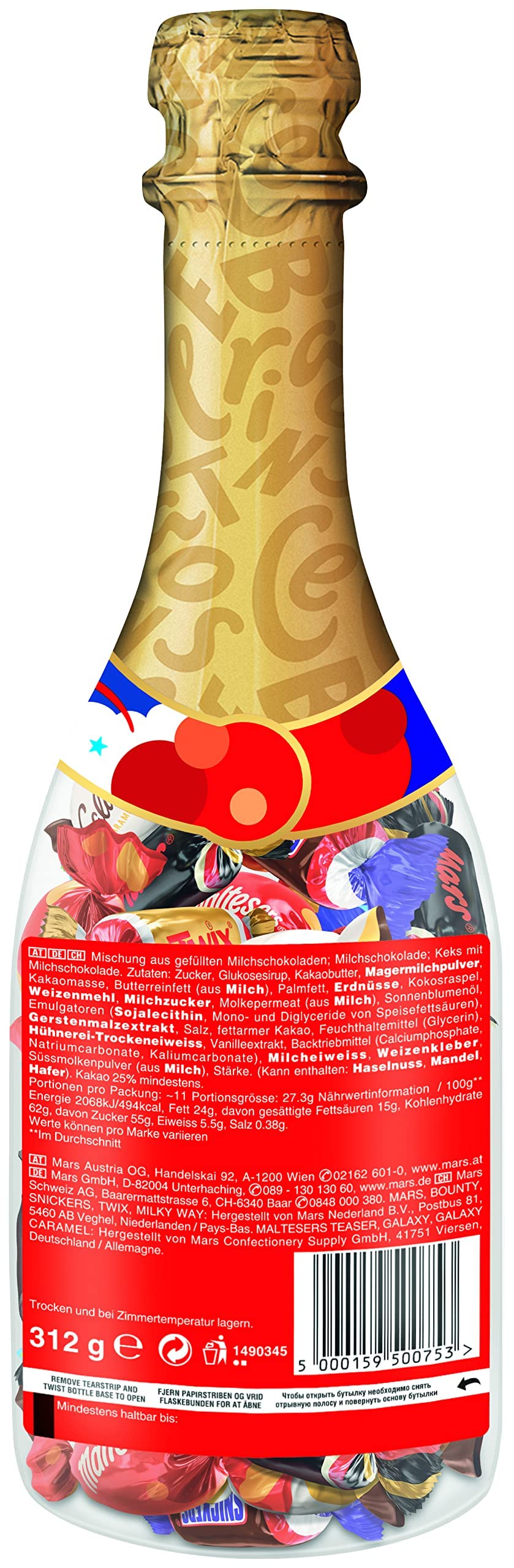 Celebrations Geschenkflasche Champagnerflasche, Mini-Schokoriegel Mix Snickers, Twix und mehr, Geschenk Schokolade, 1 x 312g Flasche 3