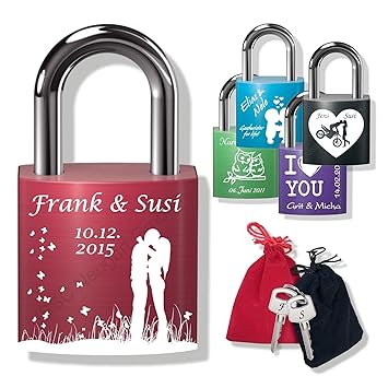 ? Liebesschloss ? zum Valentinstag, Hochzeitstag, Jahrestag, Geburt; graviert; inkl. Gravur; Vorhangschloss aus eloxiertem Aluminium